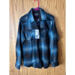 Pendleton Canyon Western Shirt Mens Medium Blue Black Ombre Plaid Wool